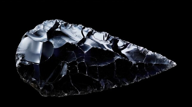 Sharp knapped black obsidian arrowhead or spear point stone tool isolated on black