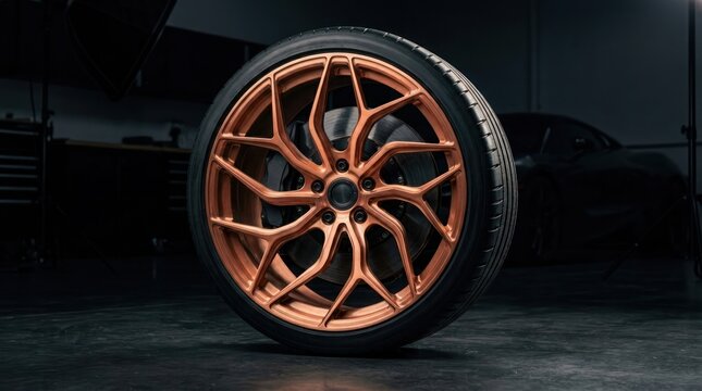 Copper alloy car wheel in dark garage lighting
