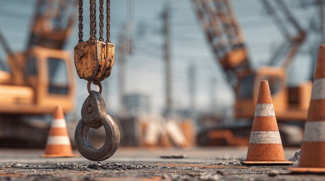 Crane hook over construction site with traffic cone and blurred crane background symbolizing construction accident lawyer workplace injury claim support.