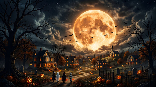 Halloween Night with Trick-or-Treaters and Full Moon