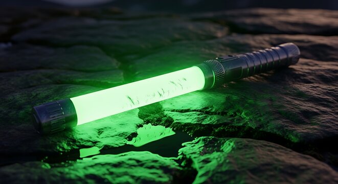 Glowing green futuristic light stick resting on dark wet textured stone surface