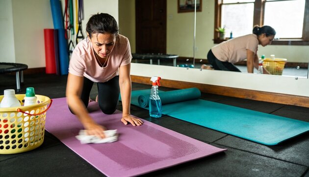 Vigorously wiping woman in pink top, black leggings kneeling on purple mat in studio with cloth