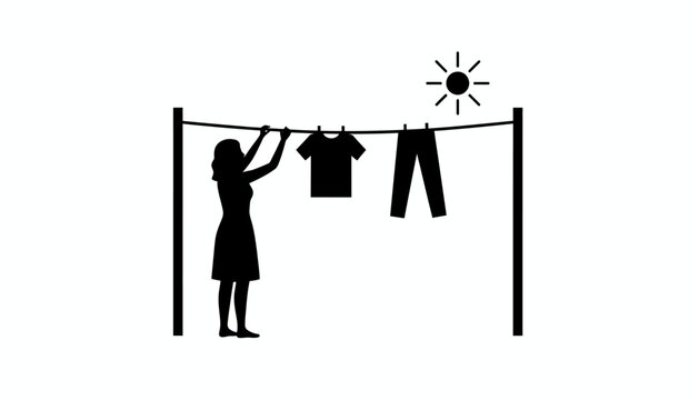 Woman hanging clothes on line, laundry drying in sun, household chore