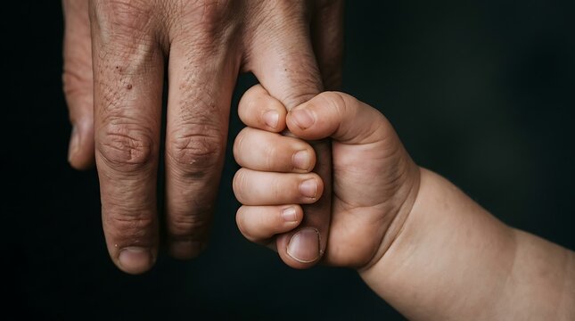 Small baby hand holding an adult finger in a gesture of trust