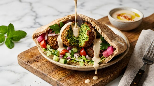 Fresh falafel pita pocket sandwich with tahini sauce and salad on wooden board against white marble stone surface.