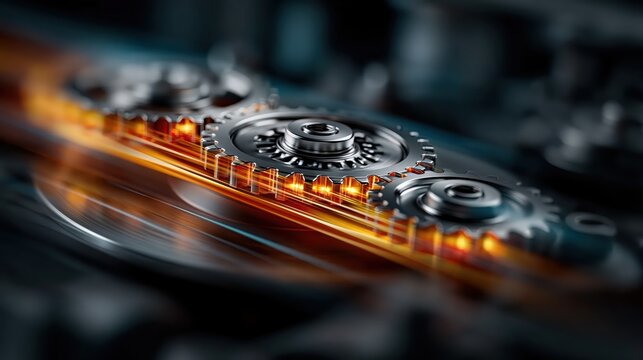 Close up of glowing metallic gears and cogs working together with orange energy light