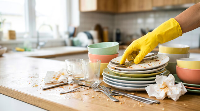 Hand in yellow rubber glove removing crumbs from stacked dirty plates on a cluttered kitchen countertop with various bowls and utensils scattered around