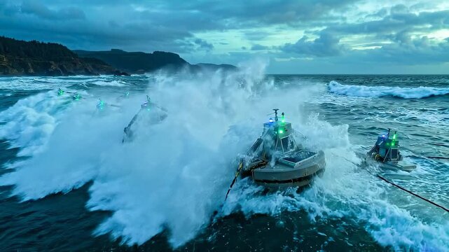 Aerial tracking shot of buoys and ocean sensors bobbing and tethered as waves crash against rocky shoreline at dusk