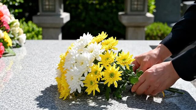 Hands placing a bouquet of yellow and white chrysanthemums on a granite tombstone. Person honoring ancestors at a cemetery. Funeral and memorial tribute concept