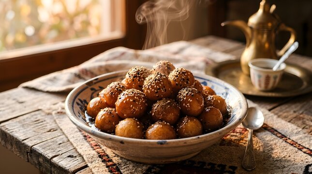 Traditional luqaimat sweet dumplings with sesame seeds and honey syrup served in bowl on rustic wooden table setup.