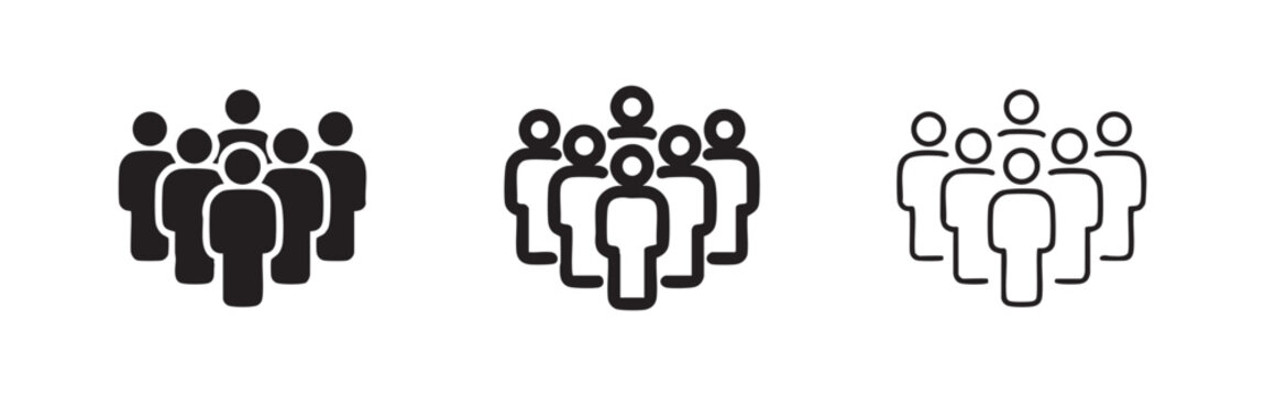 People group icon set, crowd symbol, audience sign, team avatar in various styles on white background