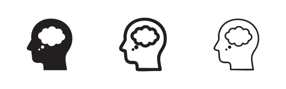 Head with thought bubble icon set, thinking symbol, idea generation or contemplation in various styles on white background