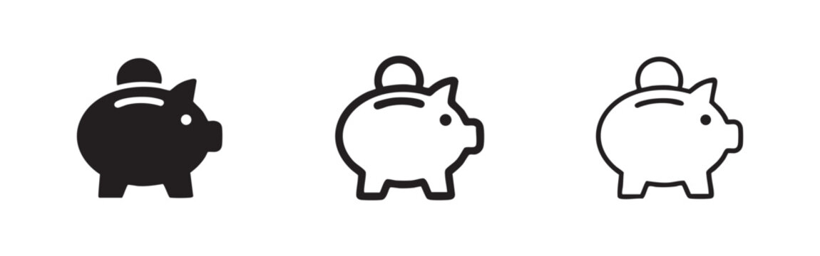 Piggy bank icon set, savings symbol, money management or financial investment in solid and outline on white background