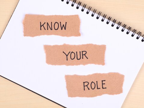 Know your role text handwritten on a piece of torn paper strips on book on wooden desk background. Represents accountability, team management, business organization, and setting clear responsibilities