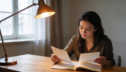 Naklejka premium Reading adult Asian woman wearing olive-green button-up shirt at home study, holding papers by lamp