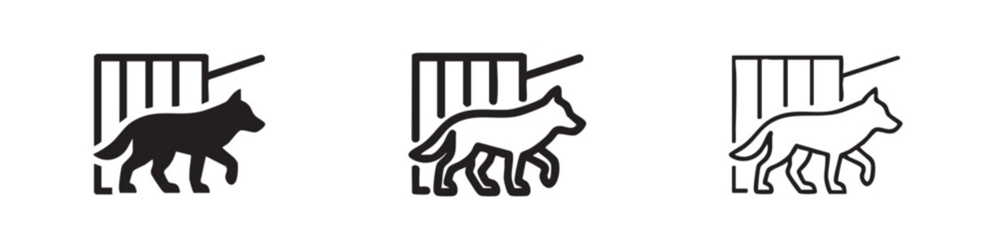 Animal rescue and freedom icon set depicting a dog coming out of a cage, representing adoption and liberation