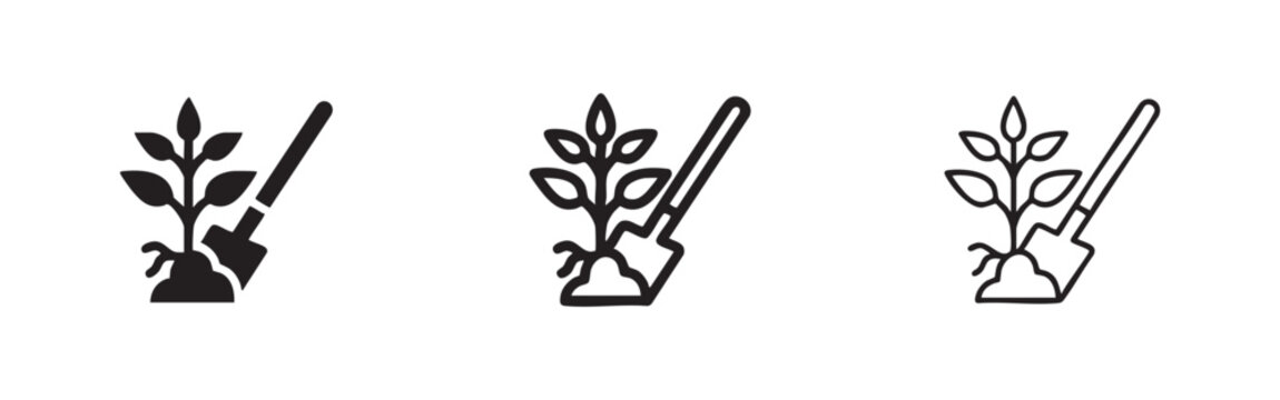 Planting a sapling with a spade icon set, representing gardening, growth, and environmental care