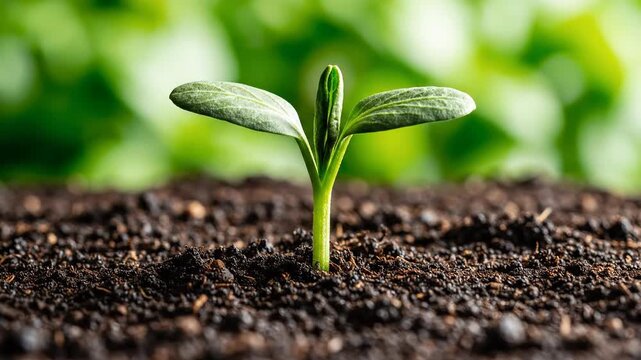Time-lapse of a green seedling growing from dark soil. Young plant sprouting in spring with a blurred green background. Agriculture and environment concept