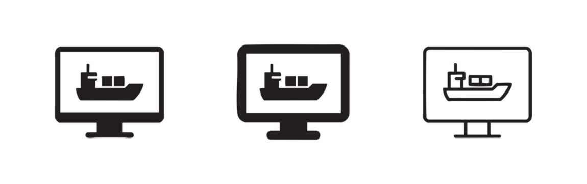 Shipping logistics monitor icon set, showing a cargo ship on screen, for global trade and delivery tracking