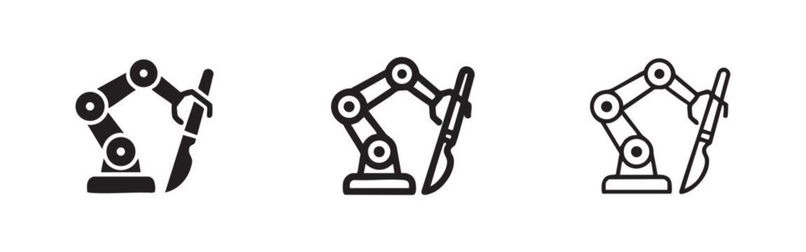 Robotic surgery icon set depicting an arm holding a scalpel, representing medical technology and automation