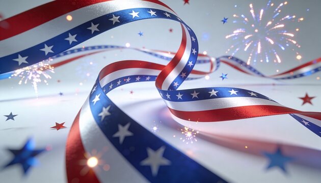 Twisting flag satin ribbon running diagonally on white table, with star confetti, sparks and bokeh