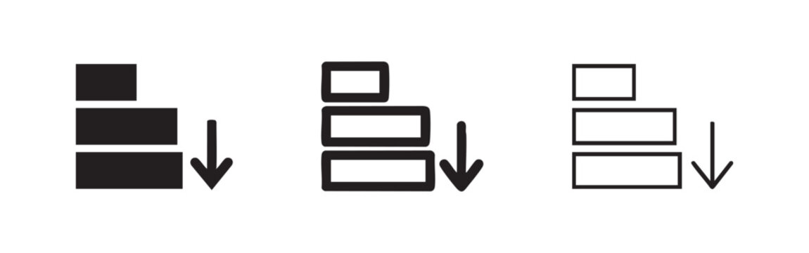 Stacked items with down arrow icon set. Concept of sorting, decreasing order, low stock, or demotion.