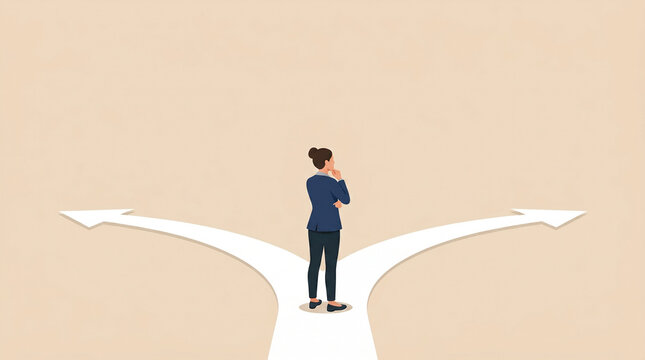 ふたつの道の真ん中でどちらに進むか考えている女性　生成AI素材