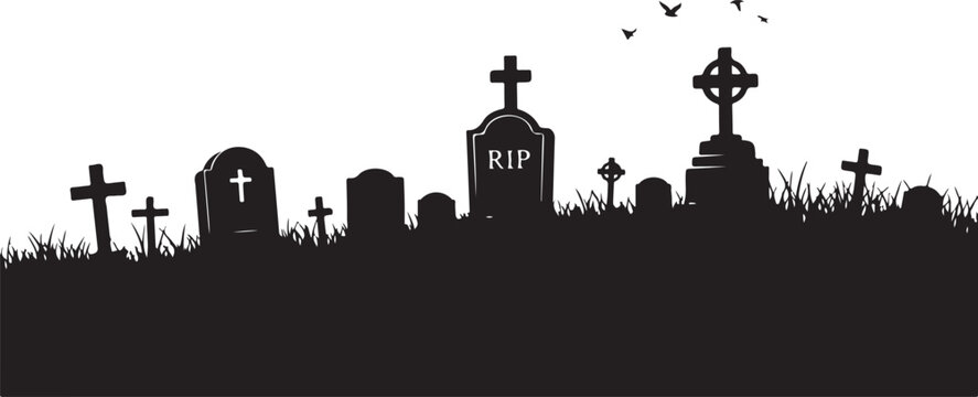 Graveyard, silhouette, cemetery, tombstones, Halloween, spooky, vector icons