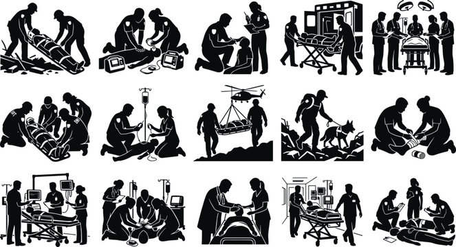 Emergency rescue and medical silhouettes set featuring paramedical teams, firefighters, and surgeons treating critical patients