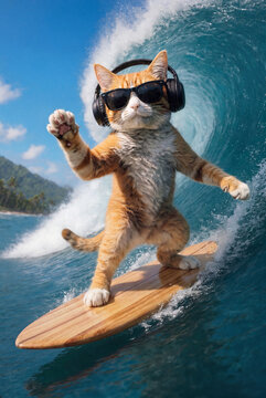 Cartoonish orange  and white cat with headphones and sunglasses surfing a big ocean wave