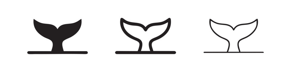 Three icons of a whale's tail fin in solid black, outline, and filled outline styles. © liubomir118809