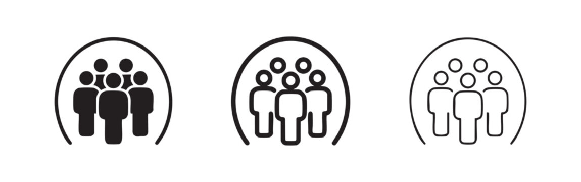Three icons showing a group of people inside a circle in solid, outline, and filled outline styles.