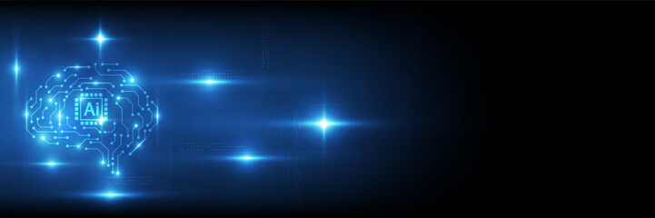 Obraz premium Abstract artificial intelligence technology vector illustration background featuring a glowing digital brain and circuit lines. Perfect for machine learning and future innovation banner designs