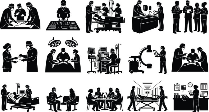 Medical Surgery and Hospital Healthcare Icons Set Featuring Surgeons Doctors and Medical Equipment Silhouettes