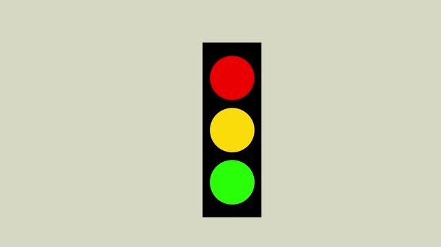 Road traffic lights one after another cartoon animation. Simple geometric sign with three color circles on black bar lighting all together. Flat design simplified 4k video movie.