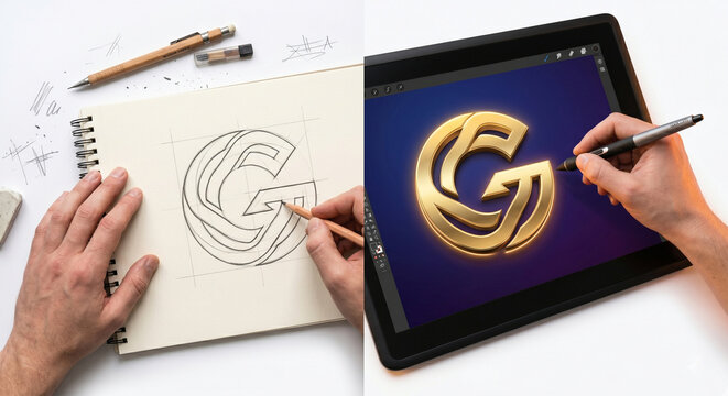 A dynamic split-screen style concept photo representing "analog to digital" graphic design. On the left side, hands are sketching a logo with a pencil on paper. 