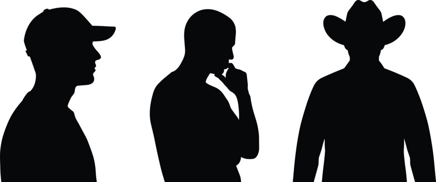 Human Profile Silhouette Collection Featuring Male Figures with Cap Cowboy Hat and Thinking Pose Vector Illustration
