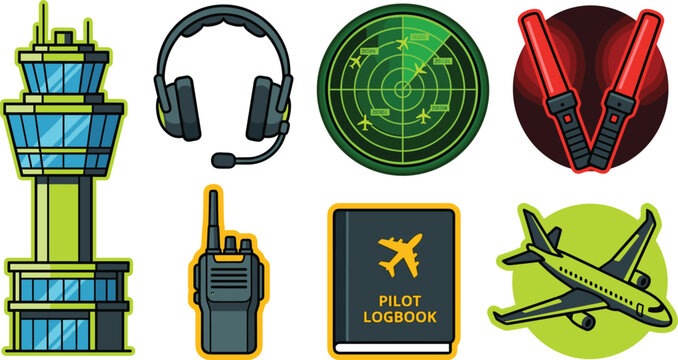 Aviation and Air Traffic Control Vector Icon Set Featuring Tower Headset Radar Marshalling Wands Walkie Talkie Logbook and Airplane for Airport Designs