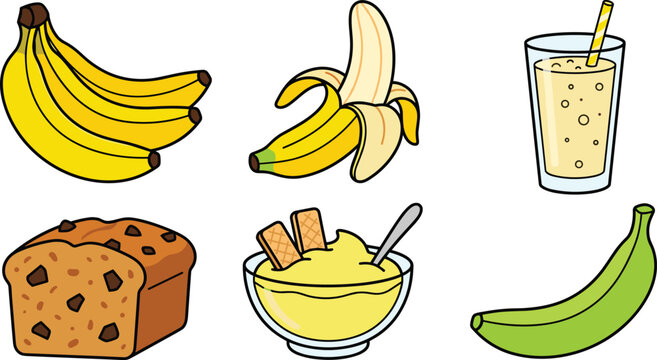 Banana Fruit and Dessert Vector Icon Set Featuring Bunch Peeled Yellow Fruit Smoothie Milkshake Chocolate Chip Bread Pudding Bowl and Green Unripe Plantain