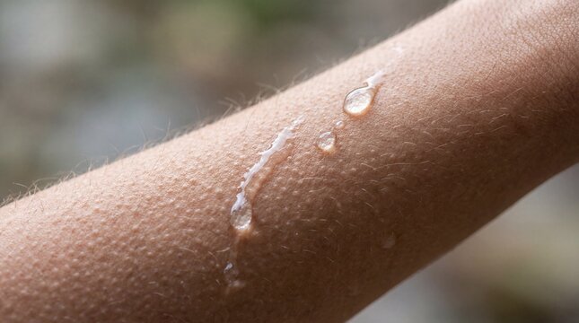 Close up goosebumps and water droplets on human forearm skin after cooling splash