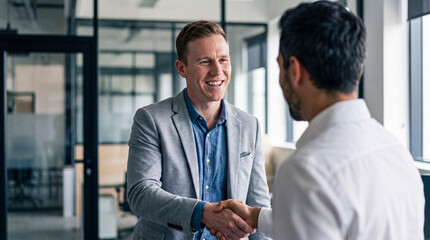 Smiling young businessman shaking hands with a colleague or client in a modern office setting, signifying agreement. © Athena Studio