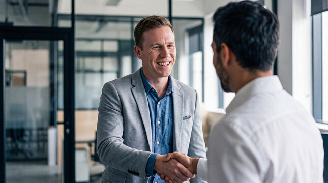 Smiling young businessman shaking hands with a colleague or client in a modern office setting, signifying agreement.