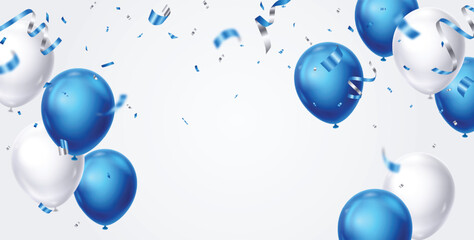 Obraz premium Flying blue and silver balloons, confetti and ribbons birthday celebration banner template backgrounds