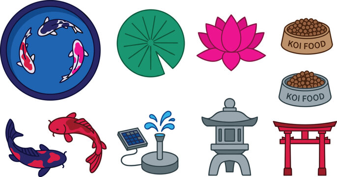 Japanese Zen Garden and Koi Fish Pond Vector Icon Set Featuring Lotus Flower Lily Pad Water Fountain Stone Lantern Pellets Food Bowls and Torii Gate
