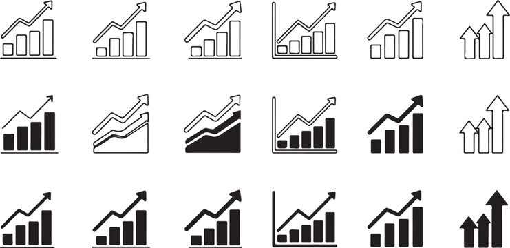 Business growth icons, chart and graph symbols, black and white vector graphics, 20 financial and statistical signs