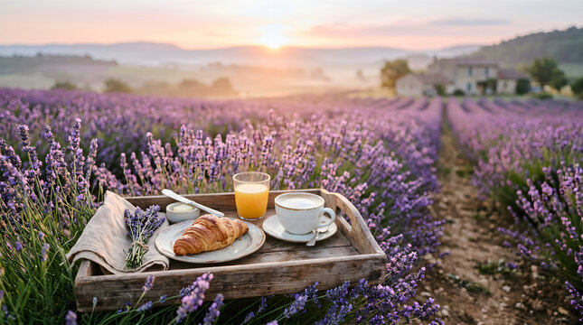 Rustic French Breakfast Tray With Croissant and Coffee in Lavender Field at Sunrise