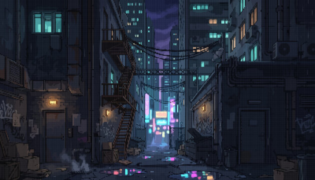 Pixel Art Cyberpunk Urban Back Alley at Rainy Night with Neon Lights, Fire Escape Stairs, and Wet Reflective Ground