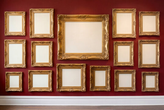 Variety of golden baroque picture frames arranged at  museum wall, blank canvas isolated with clipping path. Creation supported by generative AI.