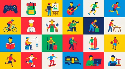 Fototapeta premium A Collage of Hobbies and Leisure Activities: A vibrant mosaic showcasing a variety of engaging leisure pursuits, from outdoor adventures and sports to creative arts and relaxation.