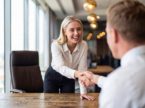 Happy businesswoman shaking hands with a colleague after a successful negotiation or job interview.